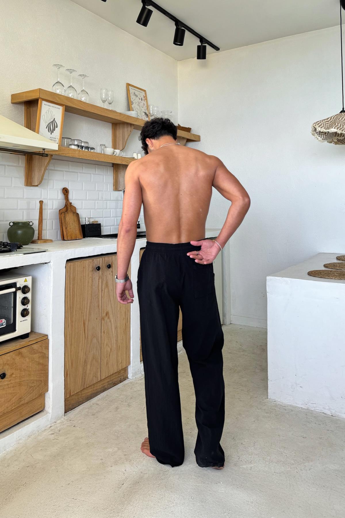 Bel Lastikli Rahat Kesim Keten Pantolon Siyah