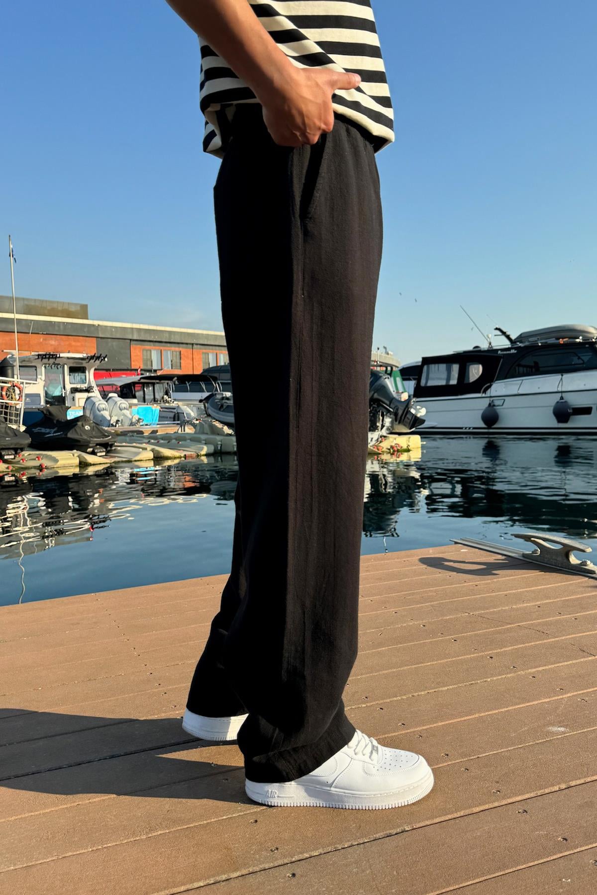 Bel Lastikli Rahat Keten Pantolon Siyah