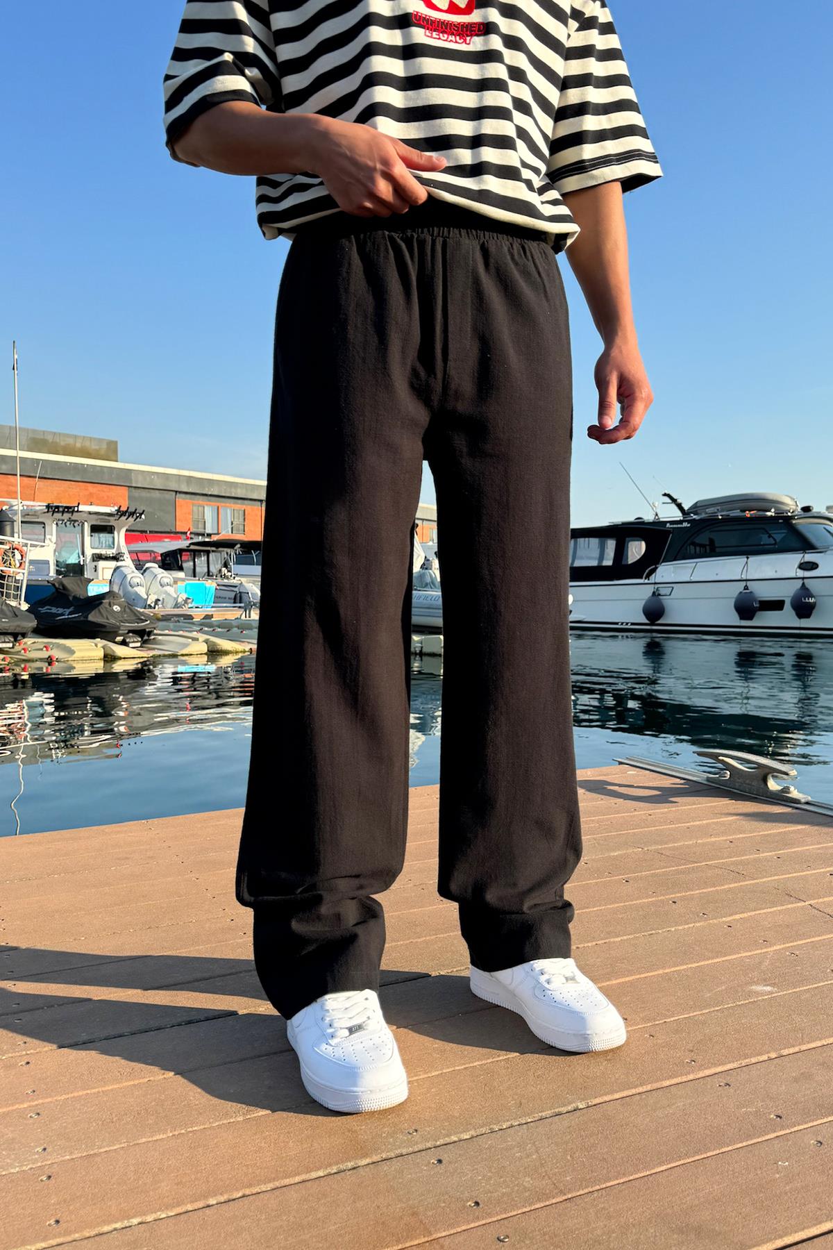 Bel Lastikli Rahat Keten Pantolon Siyah