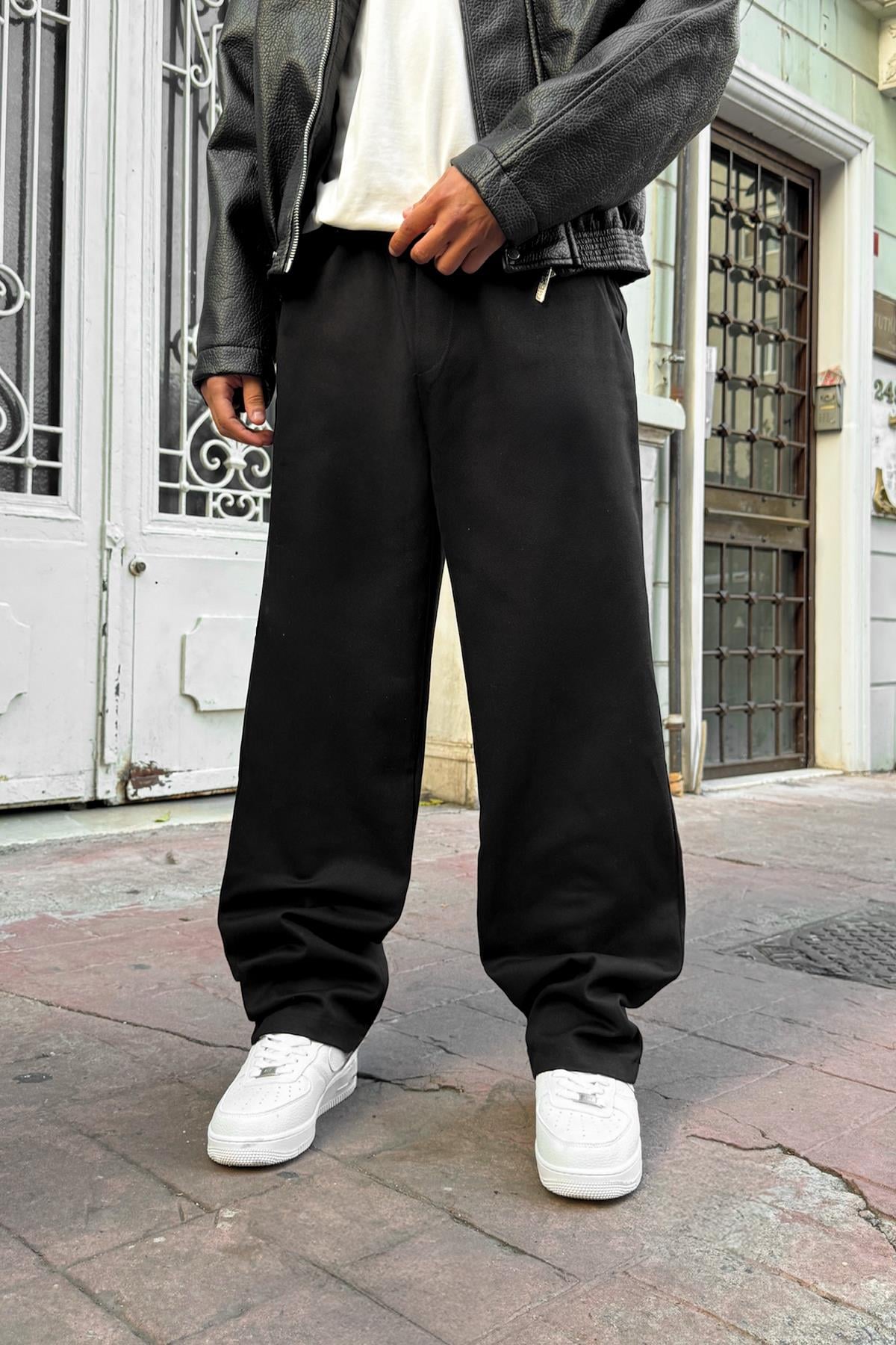 Bel Lastikli Baggy Gabardin Pantolon Siyah