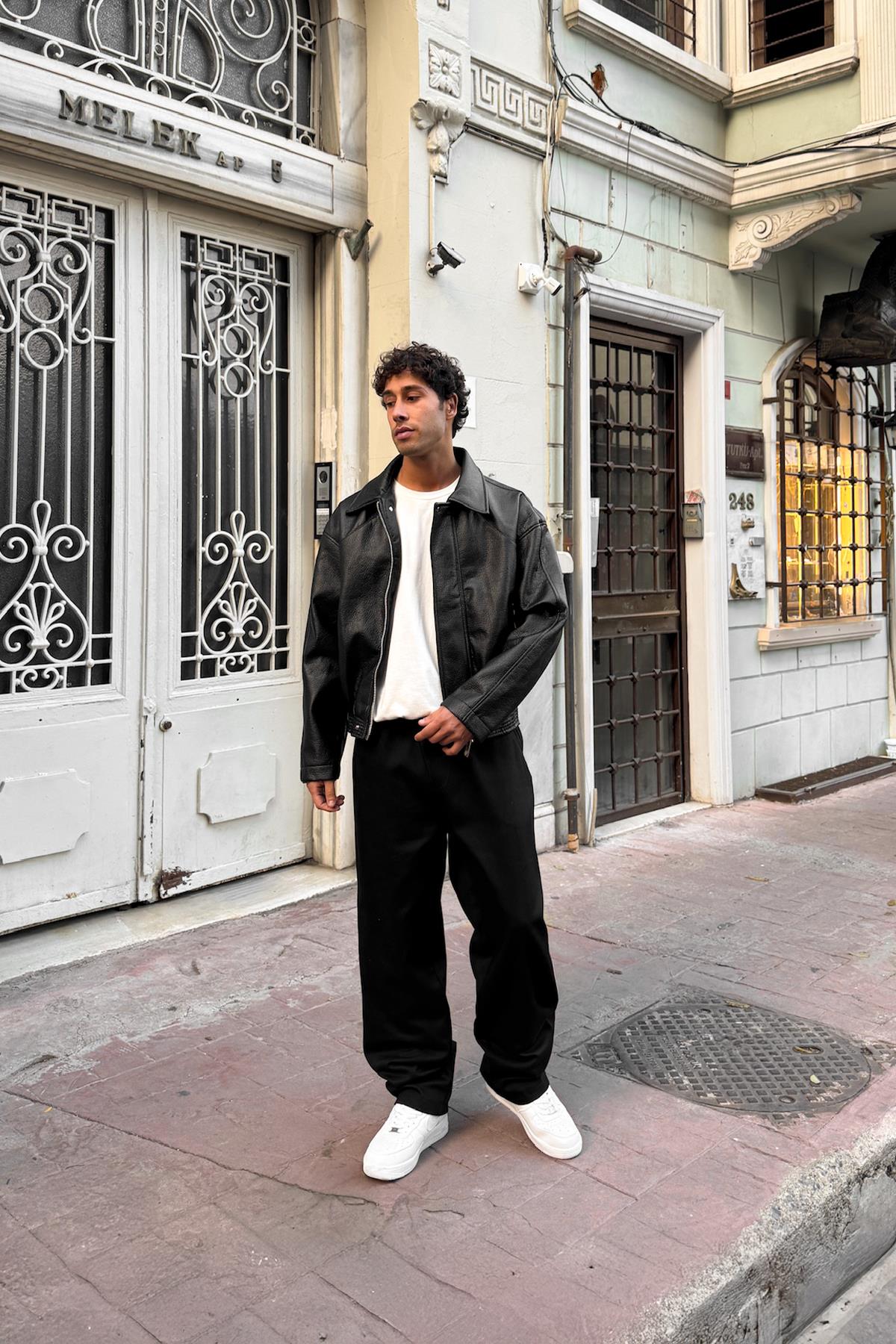 Bel Lastikli Baggy Gabardin Pantolon Siyah