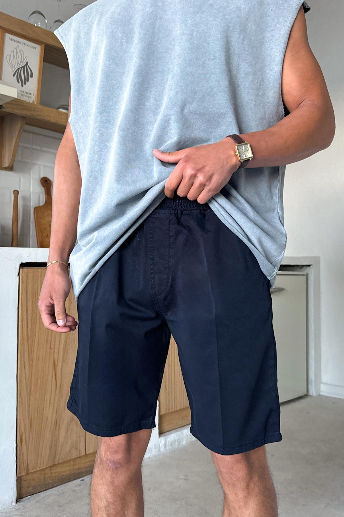 Lacivert Bel Lastikli Şort