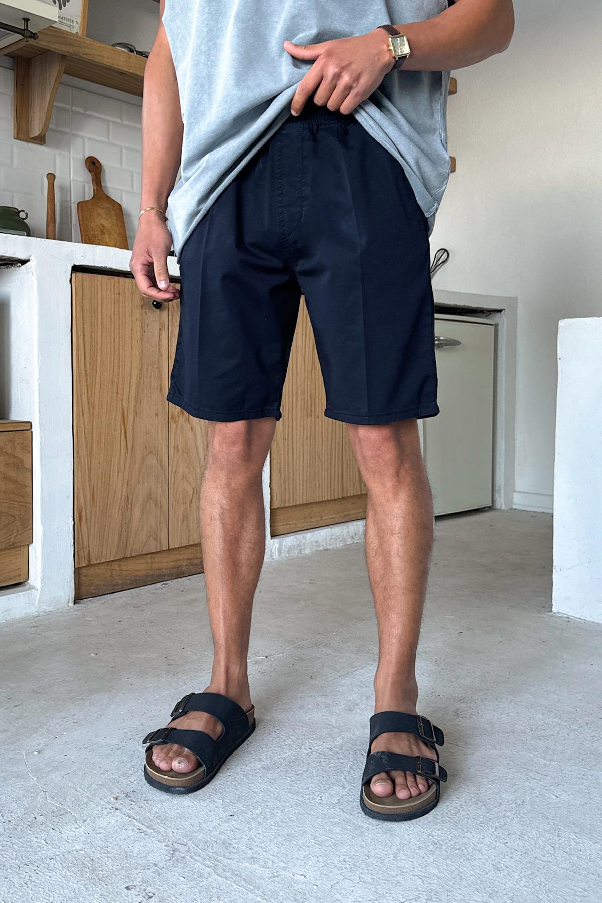 Lacivert Bel Lastikli Şort