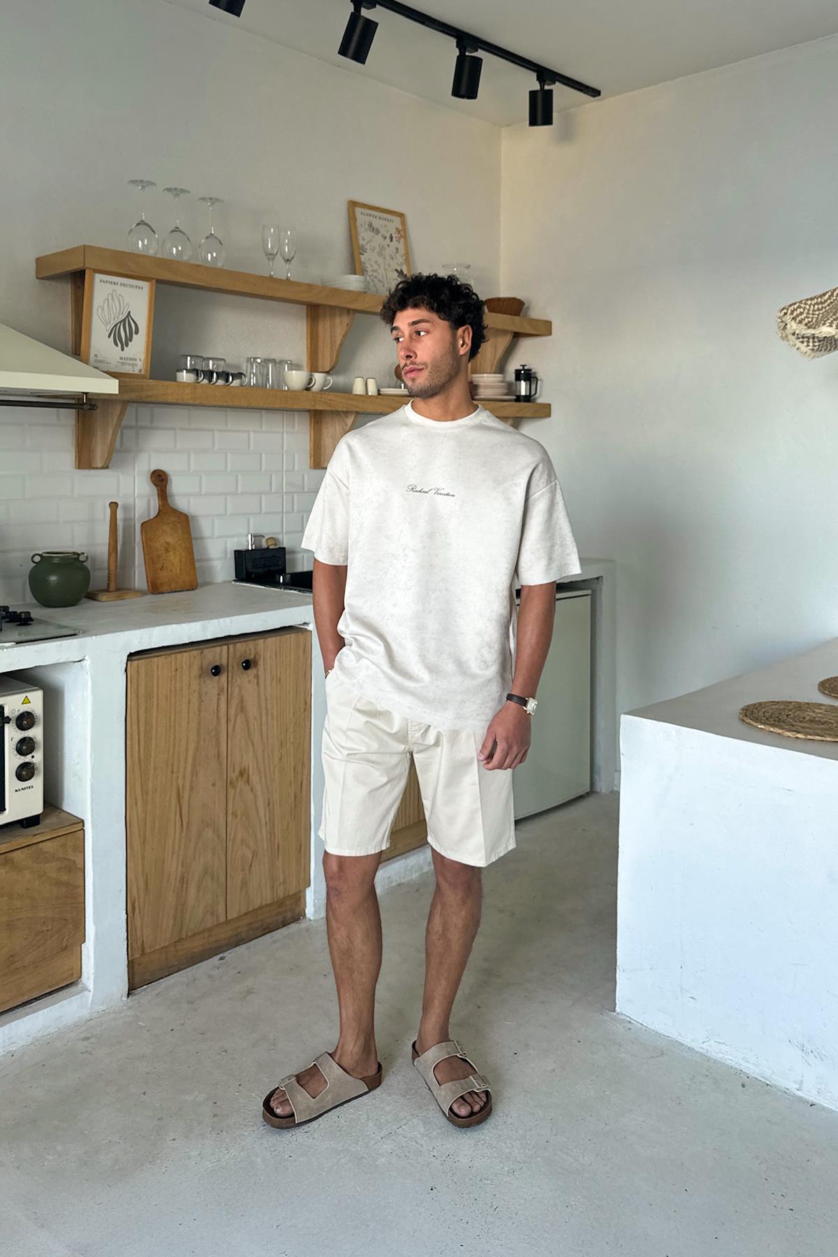 Krem Bel Lastikli Şort