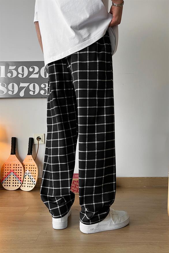 Beli Lastikli Ekose Desenli Siyah Pijama