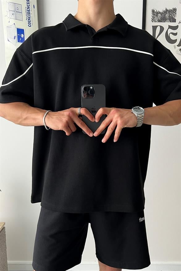 Biye Geçiş Polo Yaka Siyah Oversize Tişört