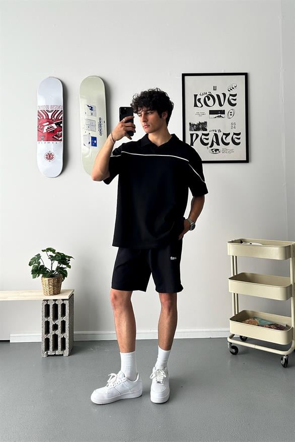 Biye Geçiş Polo Yaka Siyah Oversize Tişört