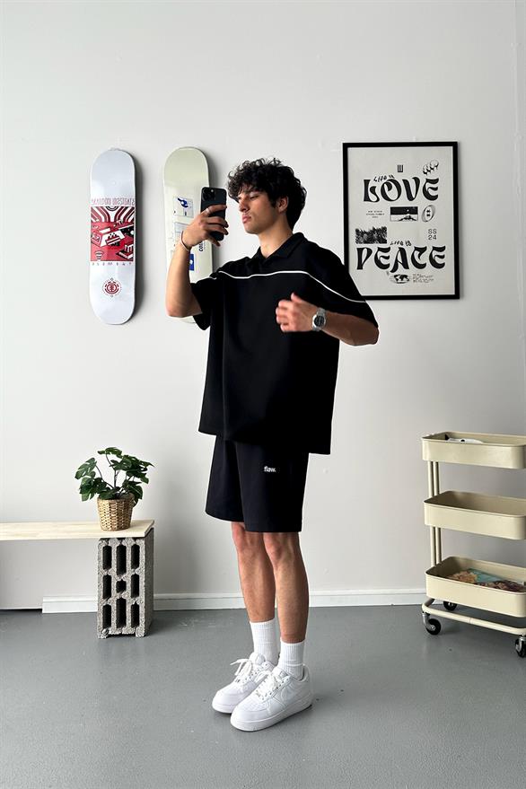 Biye Geçiş Polo Yaka Siyah Oversize Tişört
