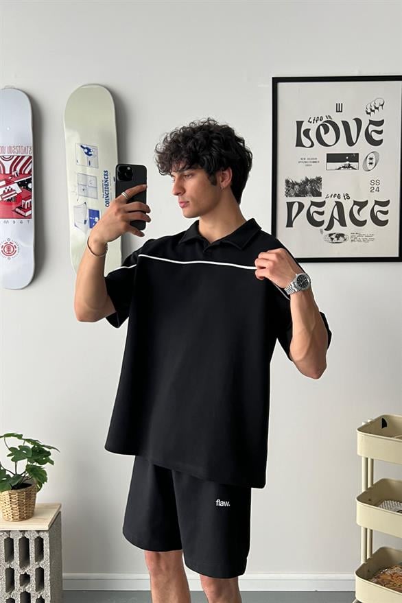 Biye Geçiş Polo Yaka Siyah Oversize Tişört