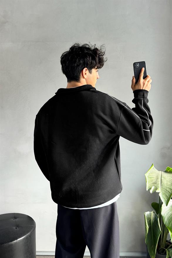 Biyeli Fermuarlı Polo Yaka Siyah Sweatshirt