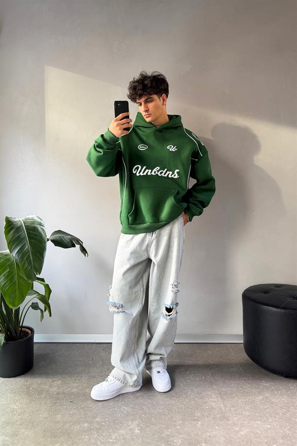 Biyeli Ön Baskılı Yeşil Oversize Hoodie