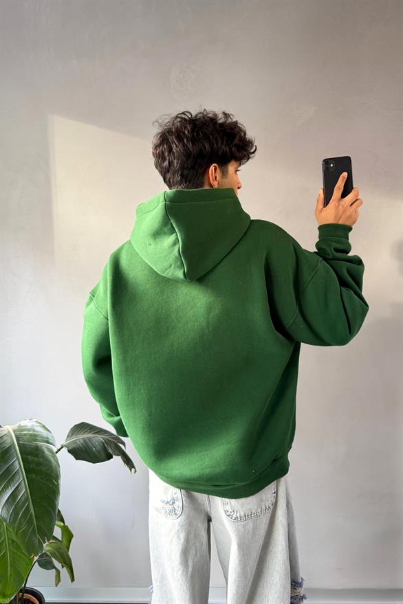 Biyeli Ön Baskılı Yeşil Oversize Hoodie