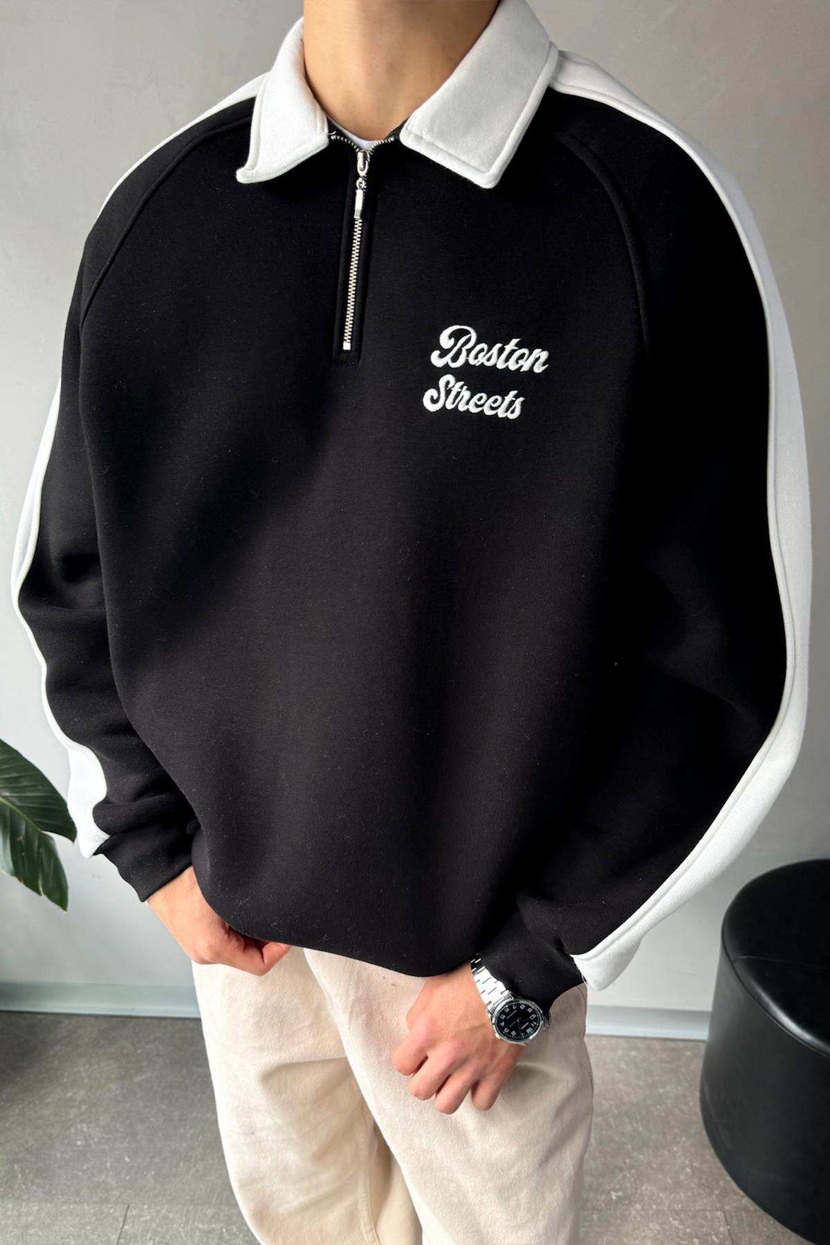 Boston Streets Nakışlı Polo Yaka Siyah Sweatshirt