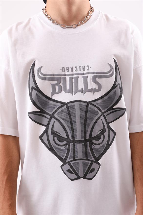 Bulls Baskılı Beyaz Oversize Tişört