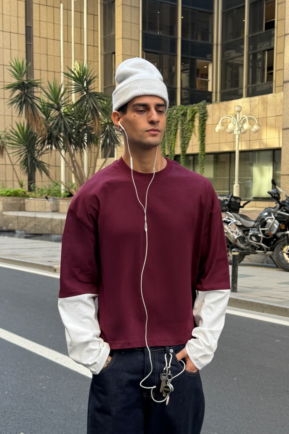 Burgundy-Ecru Long Sleeve Tee