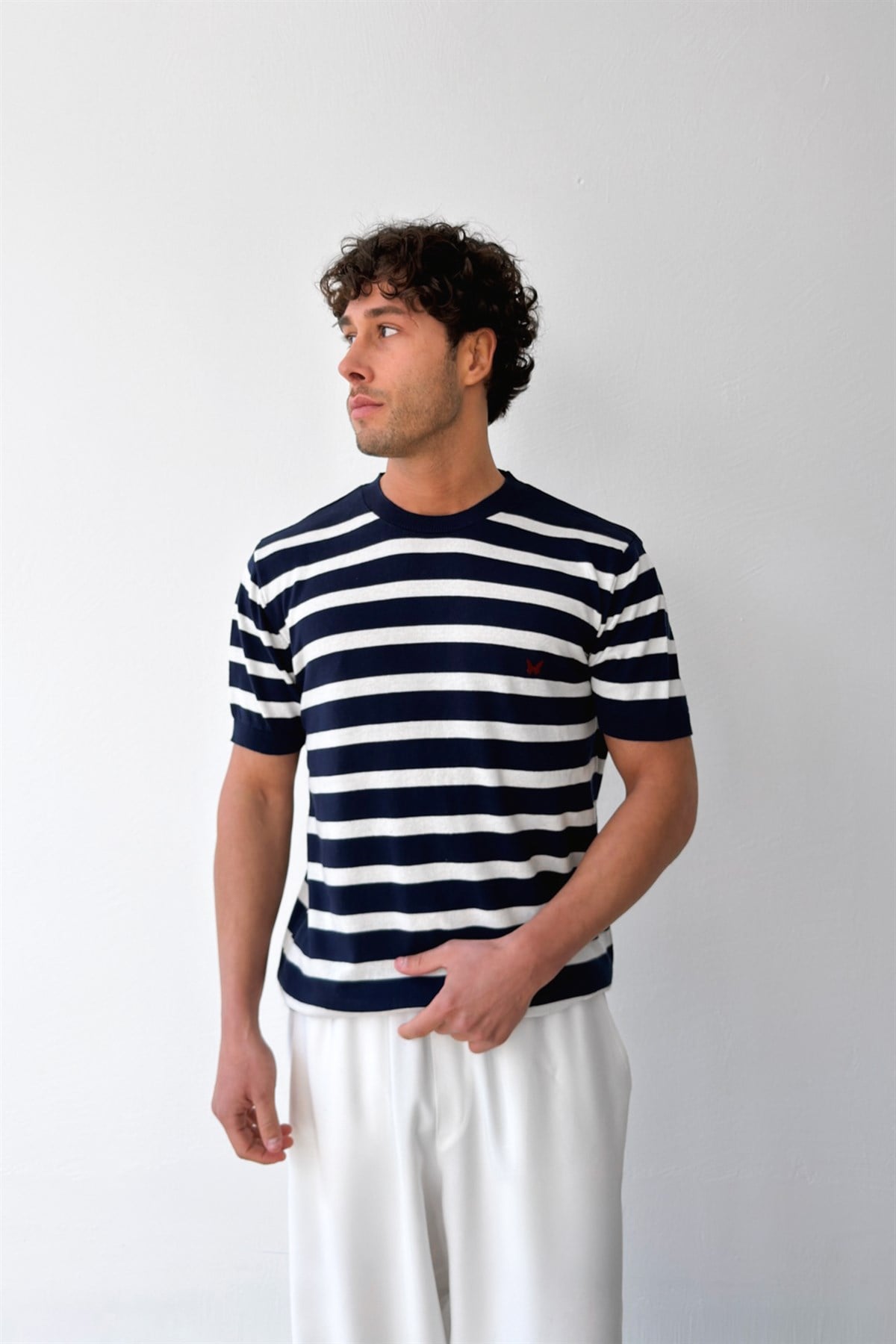 Butterfly Nakışlı Çizgili Triko Tişört