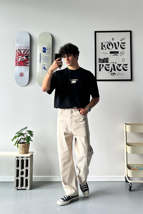 California Nakışlı Siyah Oversize Tişört