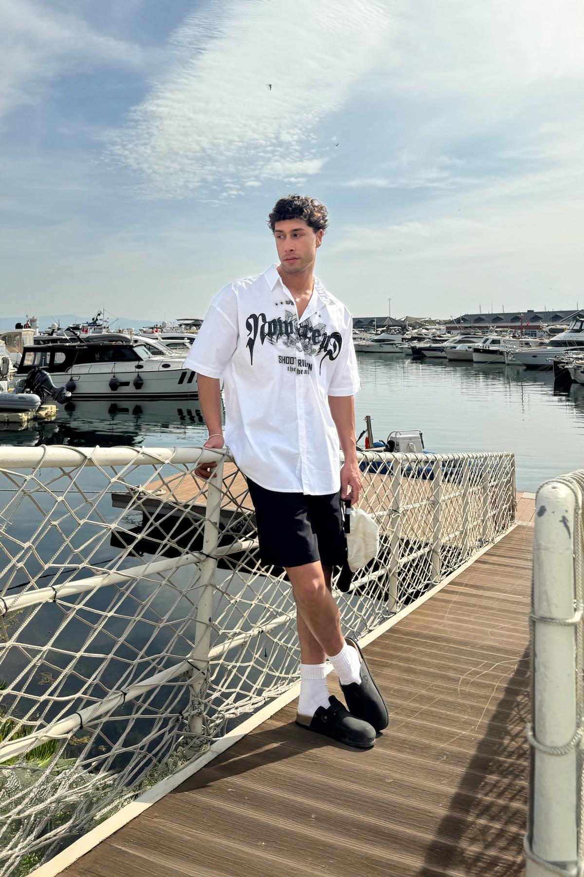 Çamur Baskı Bengalin Gömlek Beyaz