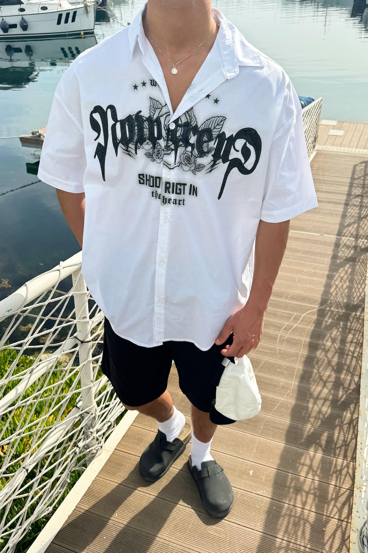 Çamur Baskı Bengalin Gömlek Beyaz