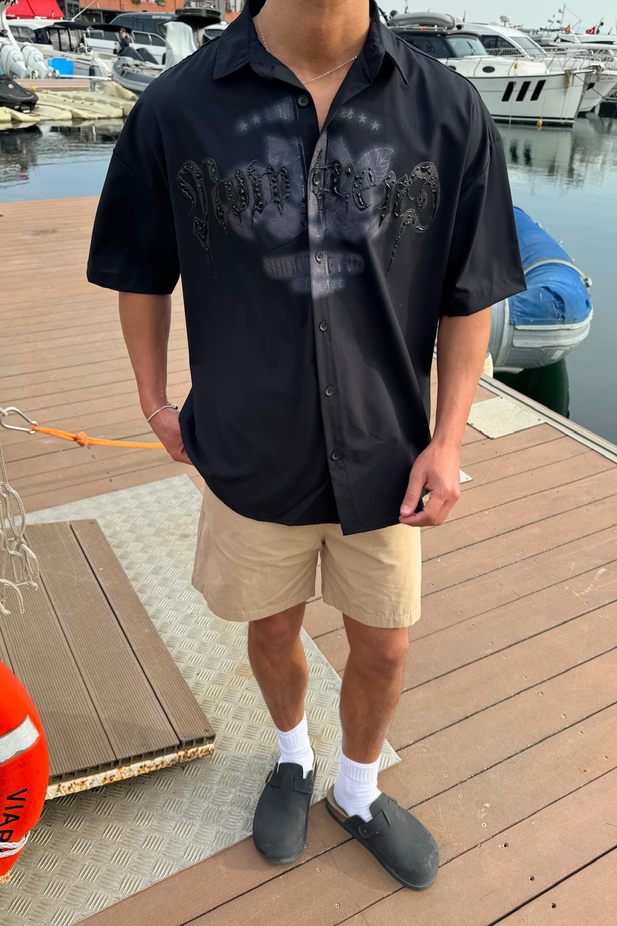 Çamur Baskı Bengalin Gömlek Siyah