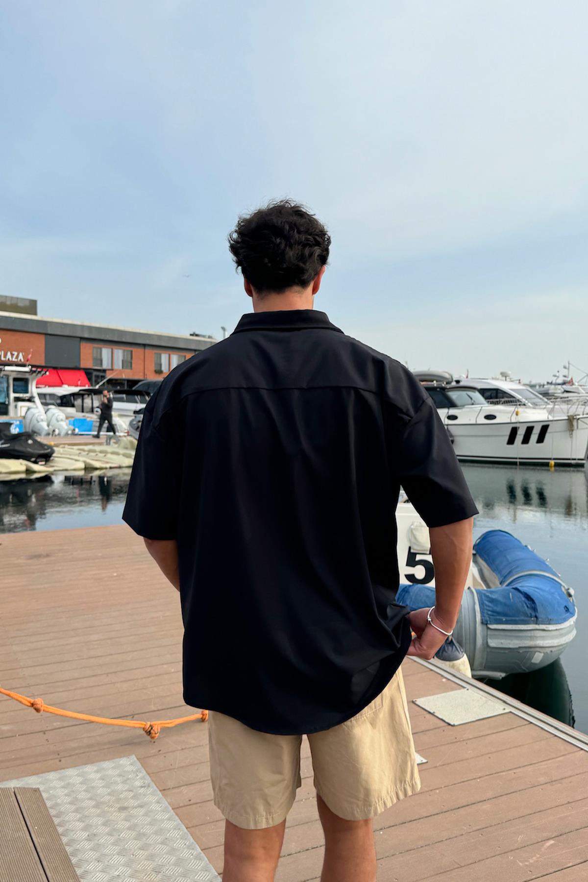 Çamur Baskı Bengalin Gömlek Siyah