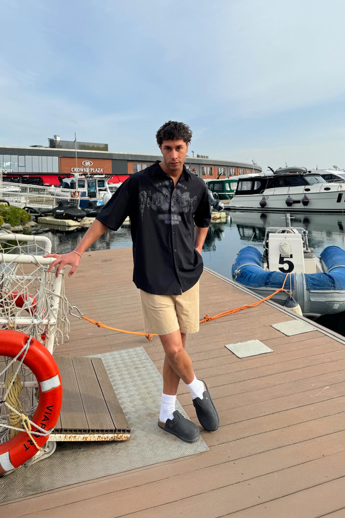 Çamur Baskı Bengalin Gömlek Siyah