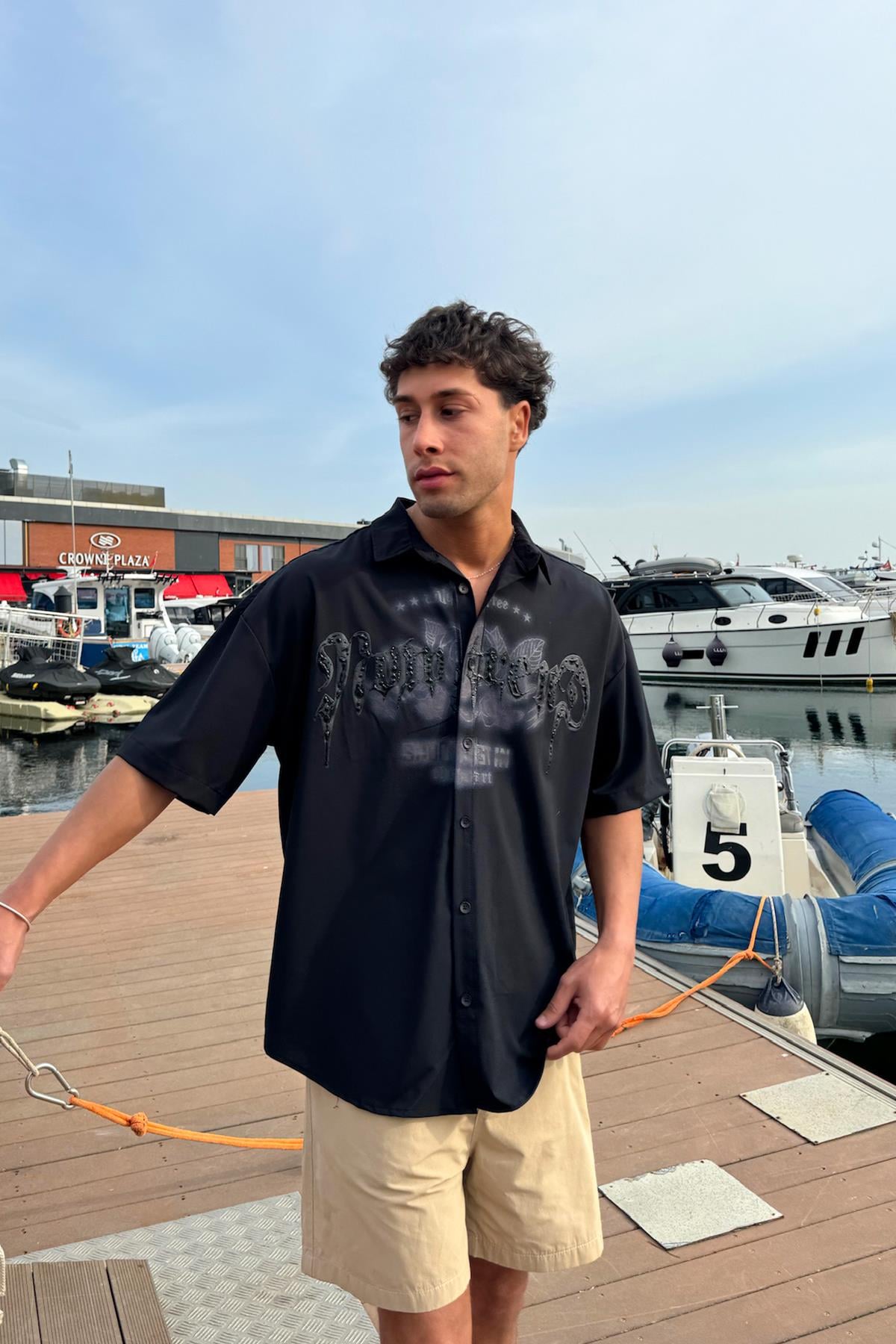 Çamur Baskı Bengalin Gömlek Siyah