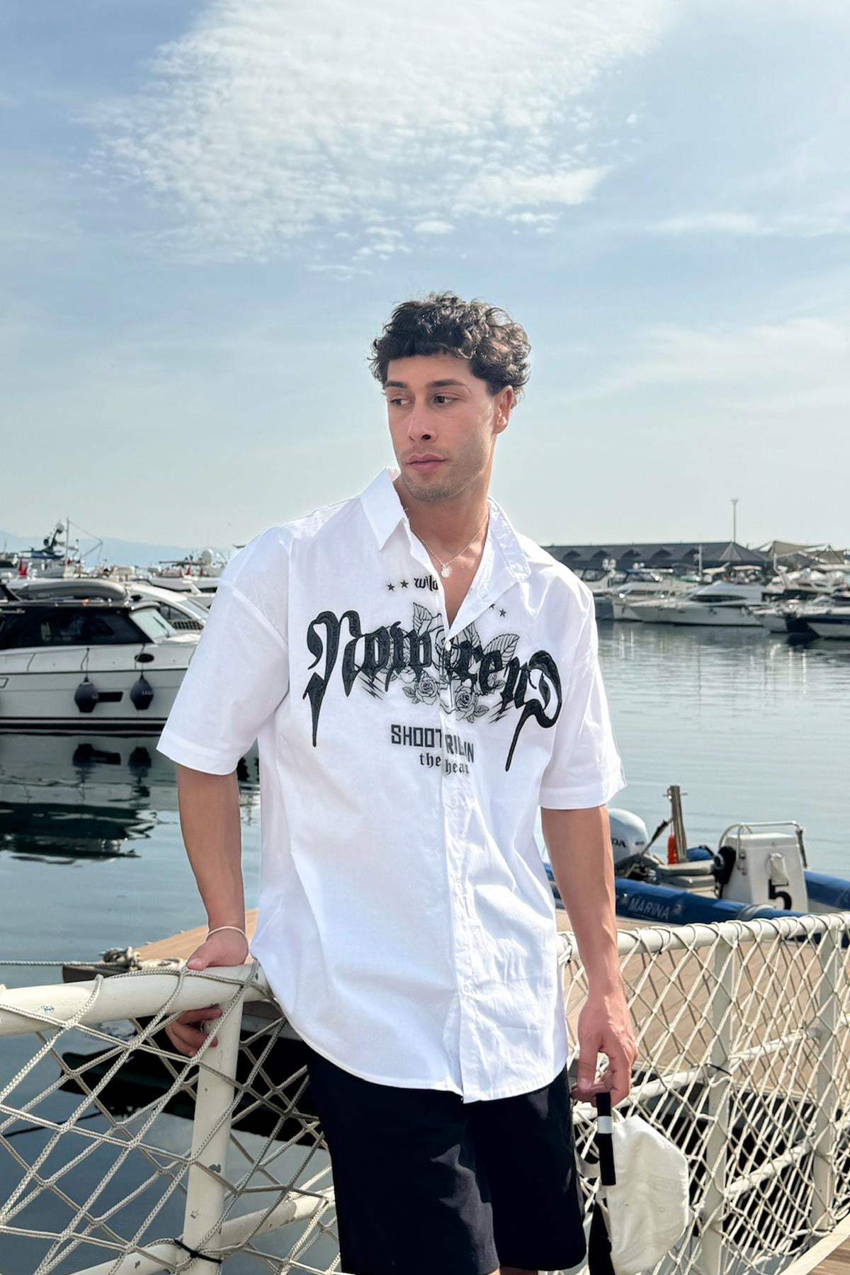 Çamur Baskı Bengalin Gömlek Beyaz