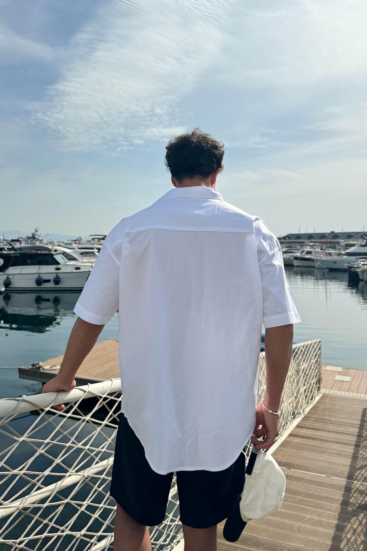 Çamur Baskı Bengalin Gömlek Beyaz