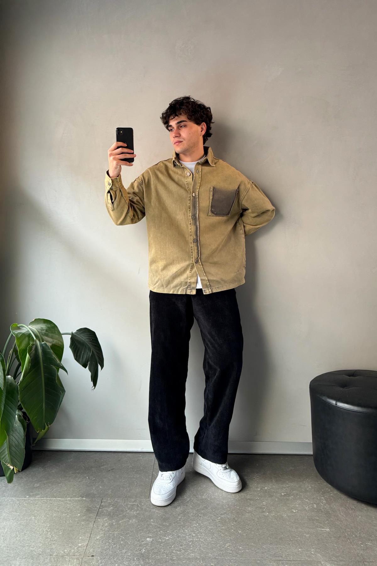 Cep Detay Düğmeli Ceket Haki