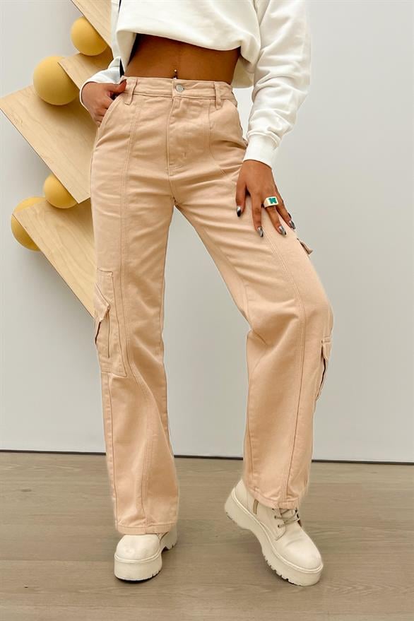 Cep Detaylı Bej Baggy Jean