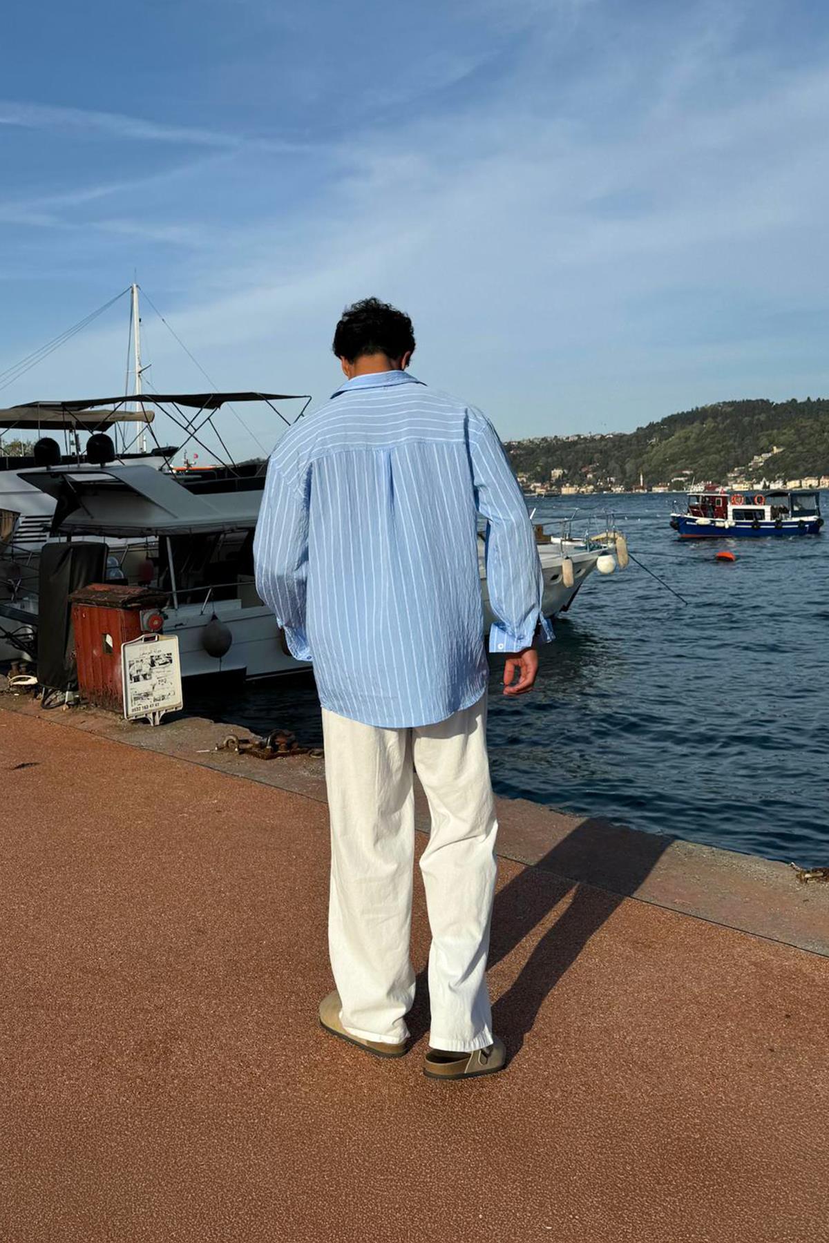 Çift Çizgili Oversize Gömlek Mavi
