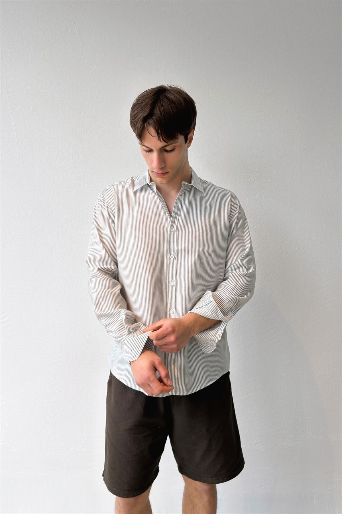 Çift Çizgili Beyaz Tensel Kumaş Oversize Gömlek