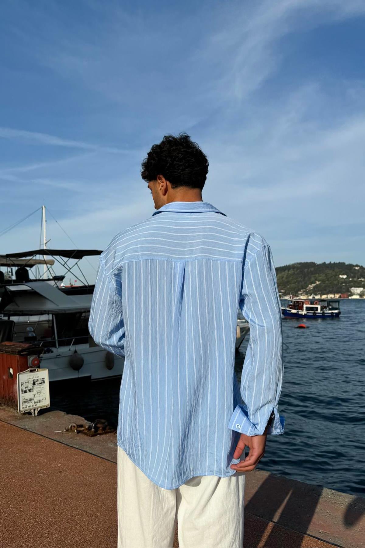 Çift Çizgili Oversize Gömlek Mavi