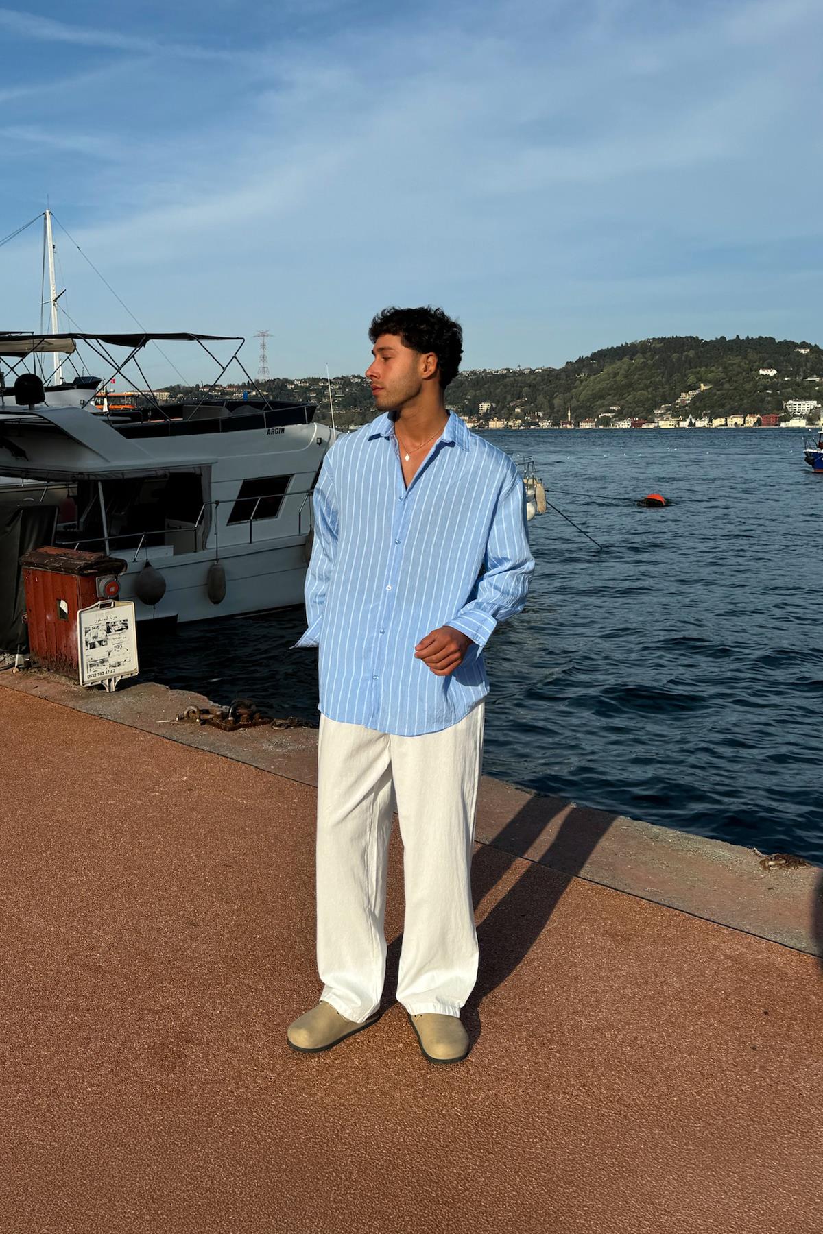 Çift Çizgili Oversize Gömlek Mavi