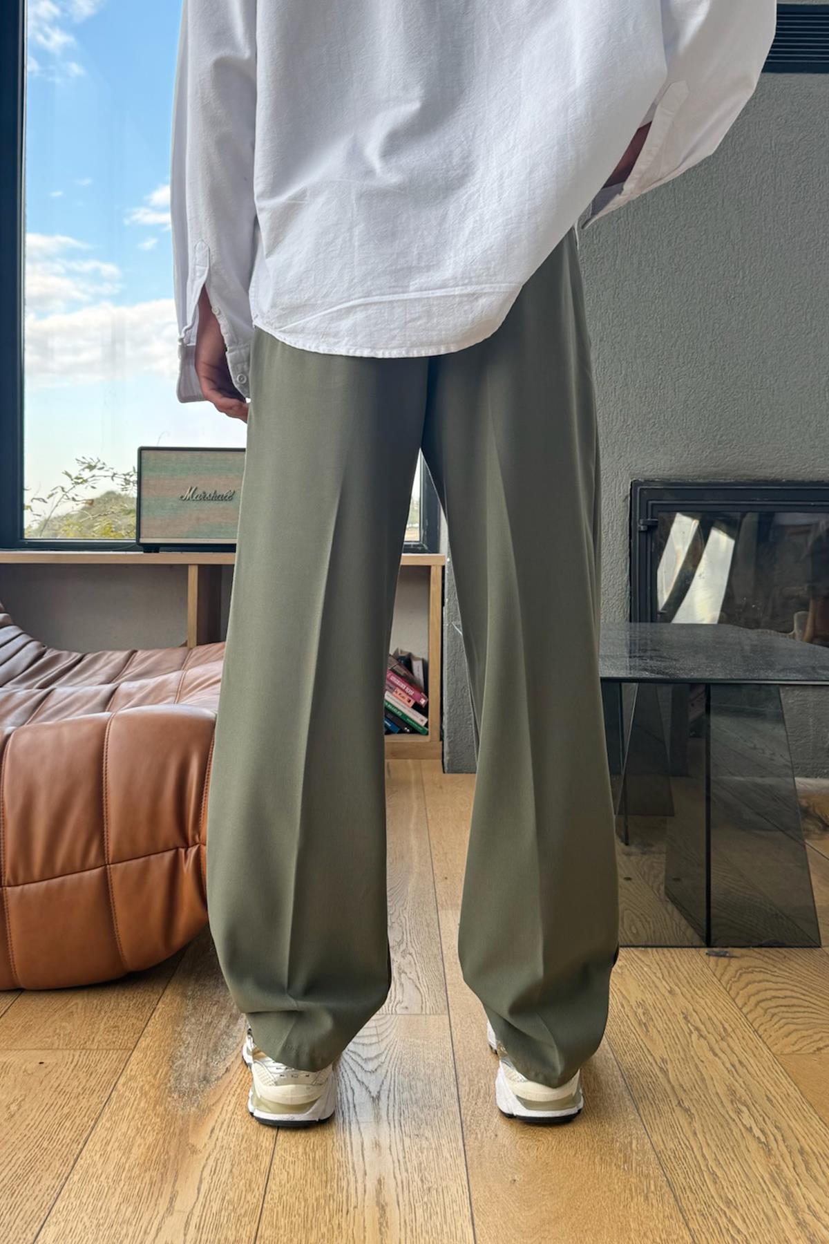 Çift Pileli Kumaş Pantolon Haki