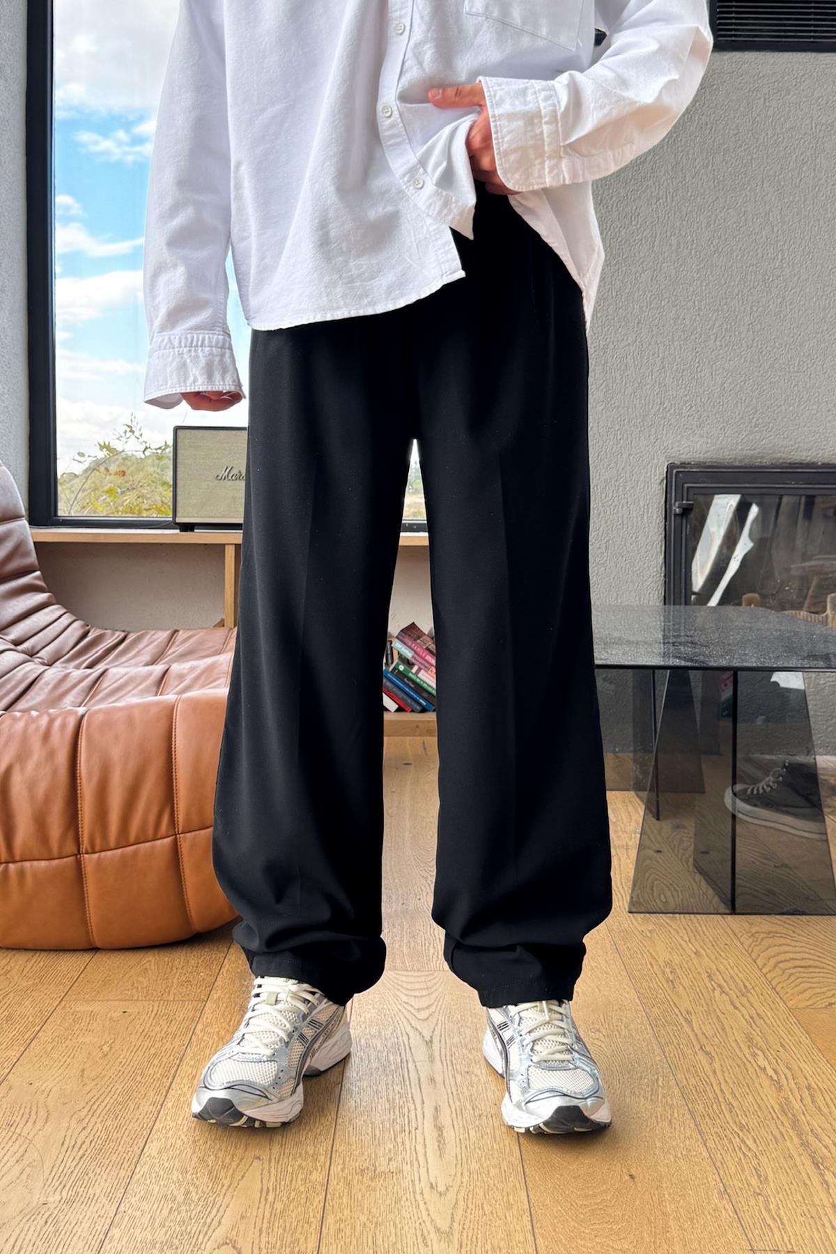 Çift Pileli Kumaş Pantolon Siyah