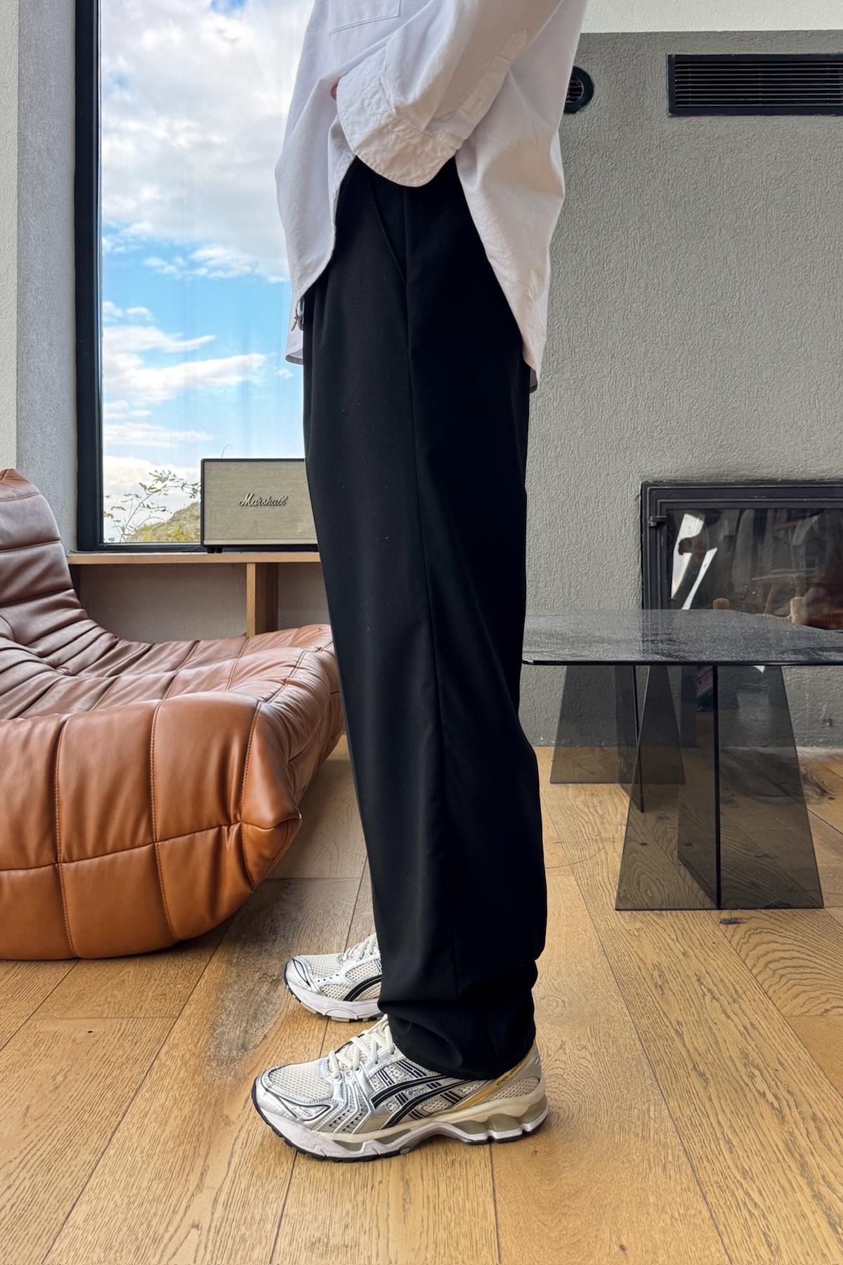 Çift Pileli Kumaş Pantolon Siyah