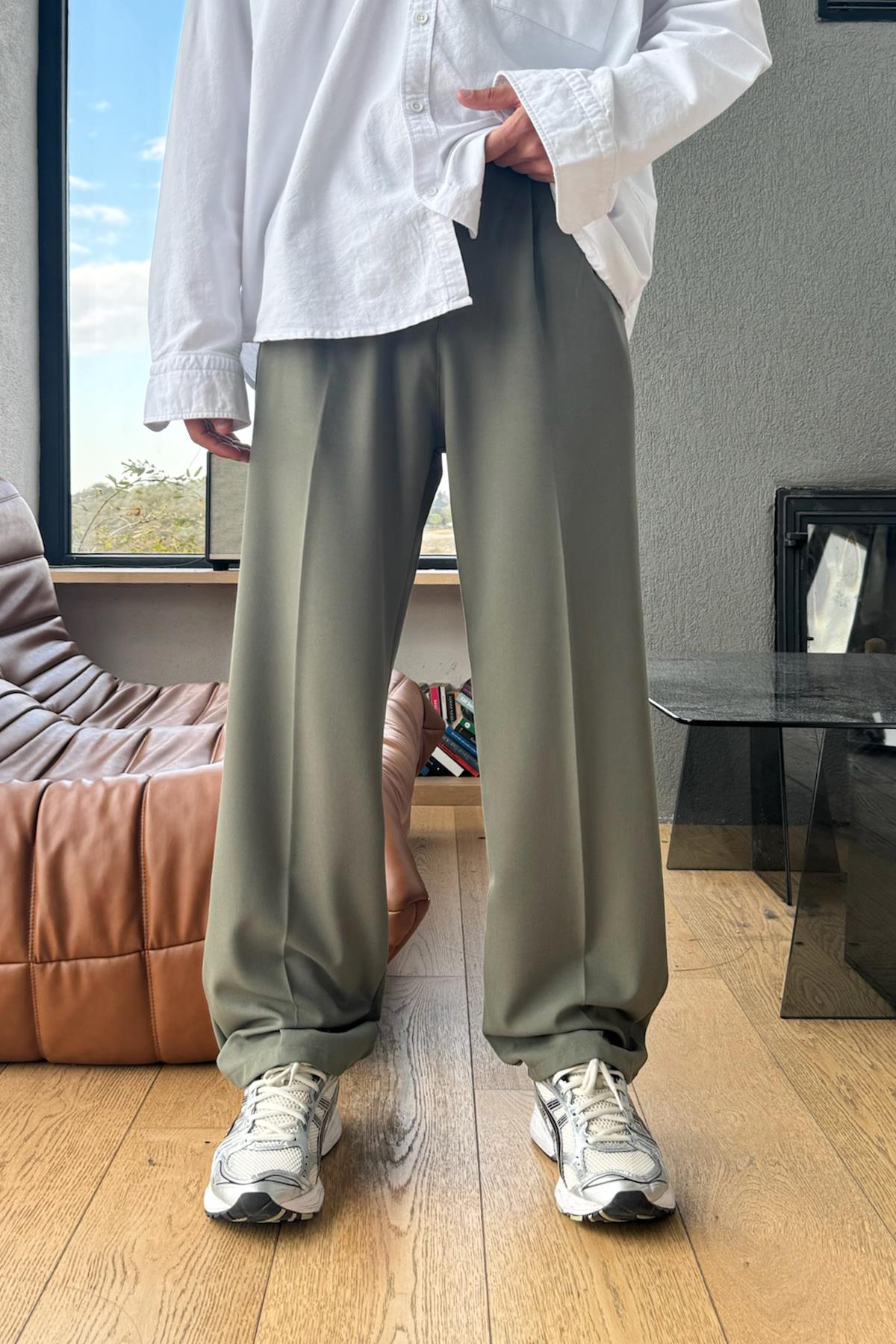 Çift Pileli Kumaş Pantolon Haki