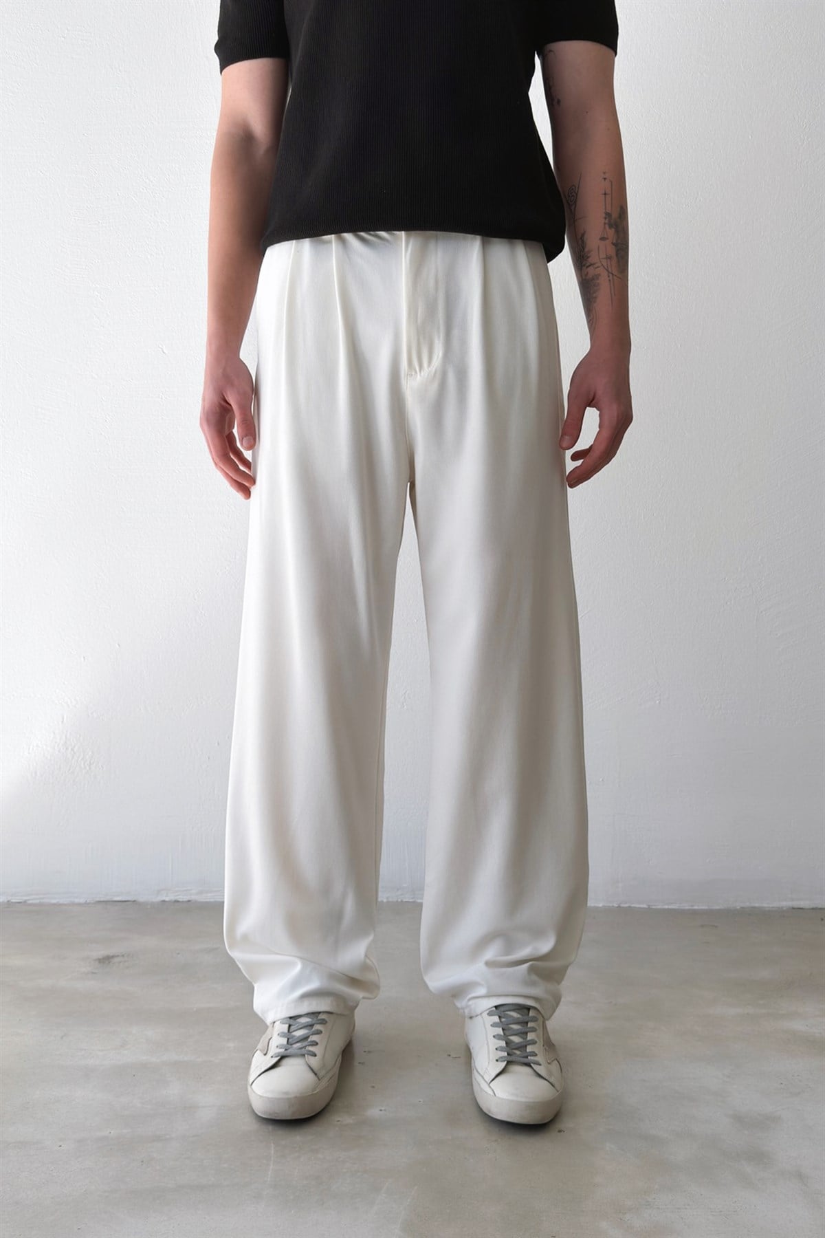 Çift Pileli Kumaş Pantolon Ekru