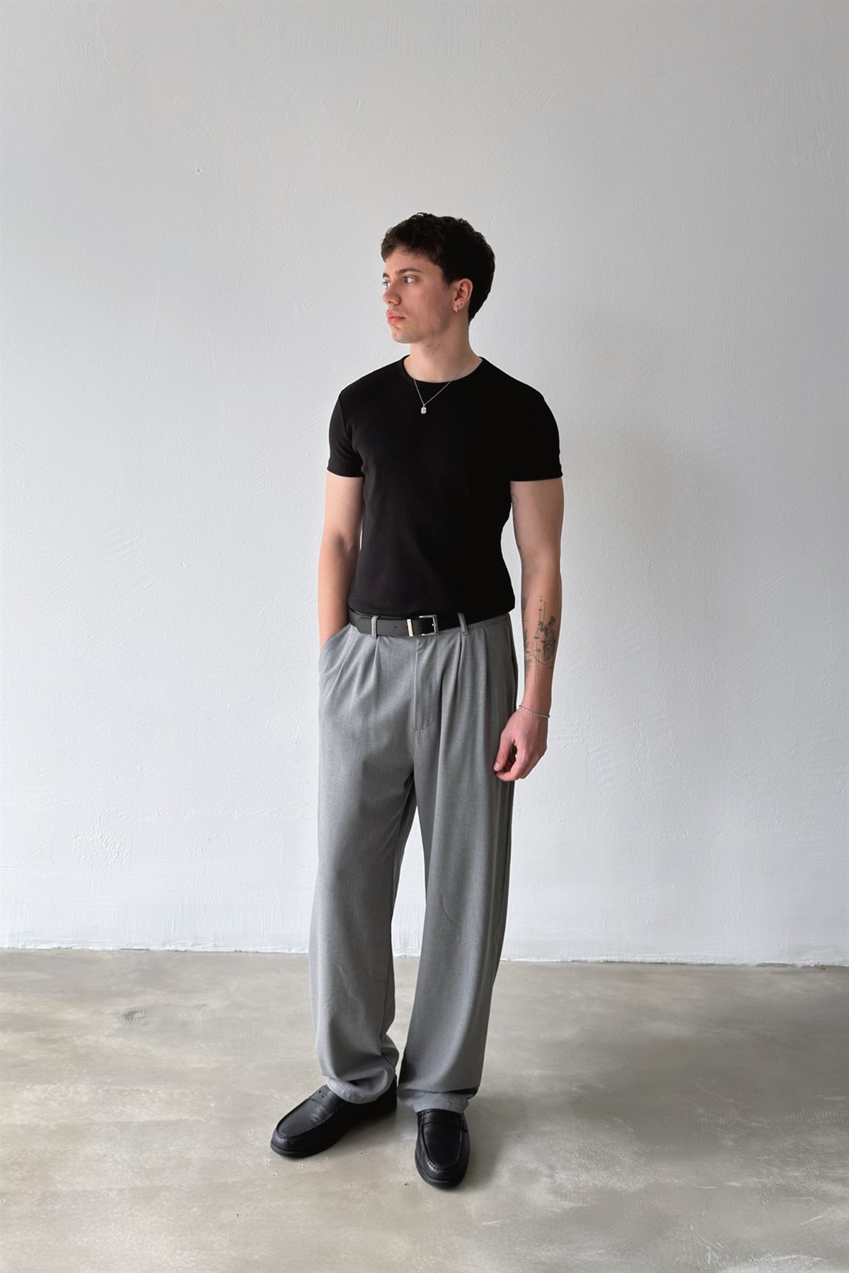 Çift Pileli Kumaş Pantolon Gri