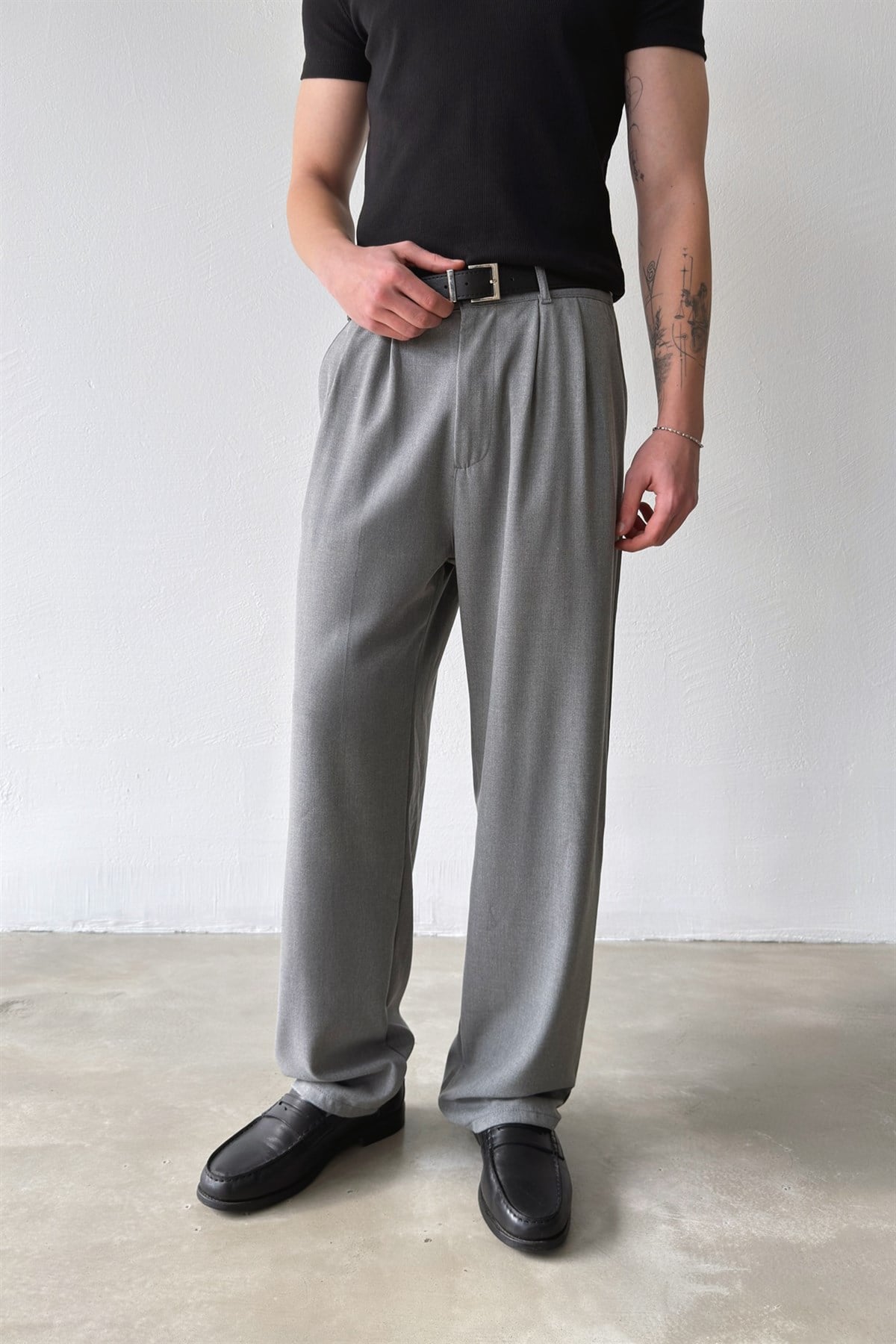 Çift Pileli Kumaş Pantolon Gri