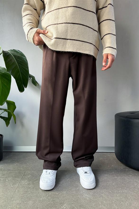 Çift Pileli Relaxed Kumaş Kahverengi Pantolon