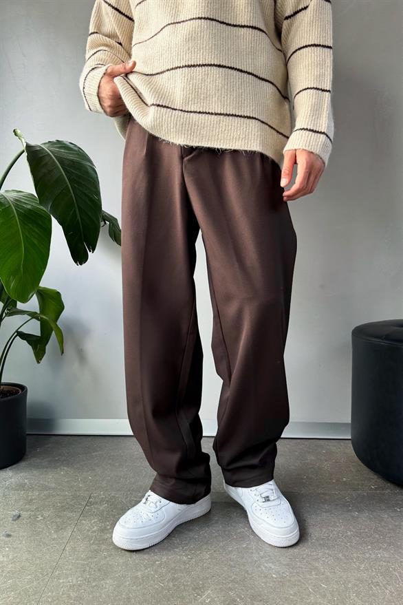 Çift Pileli Relaxed Kumaş Kahverengi Pantolon