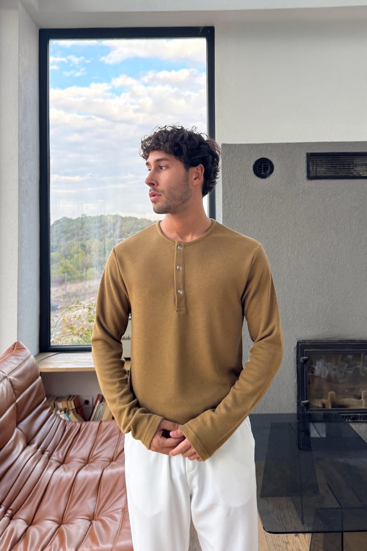 Çıt Çıtlı Oversize Uzun Kol Tişört Hardal