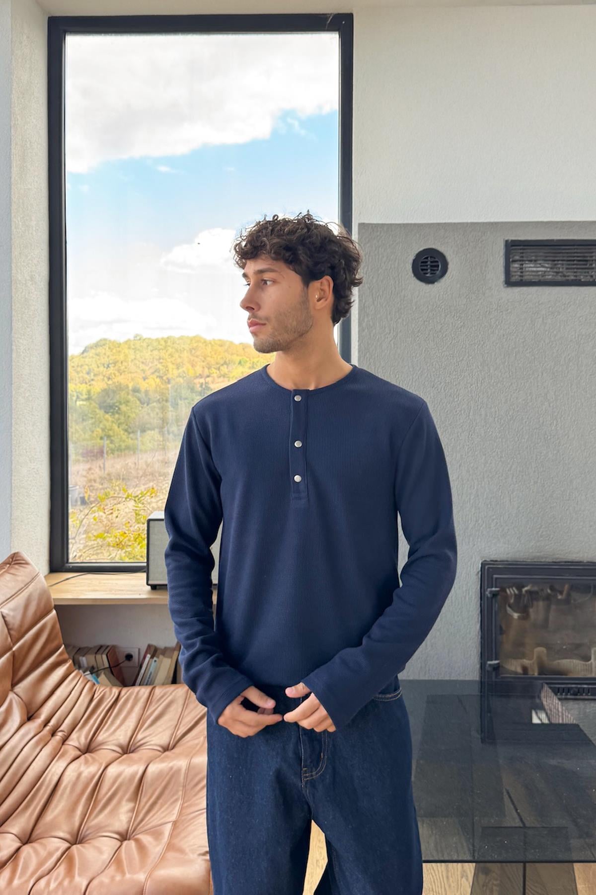 Çıt Çıtlı Oversize Uzun Kol Tişört Lacivert