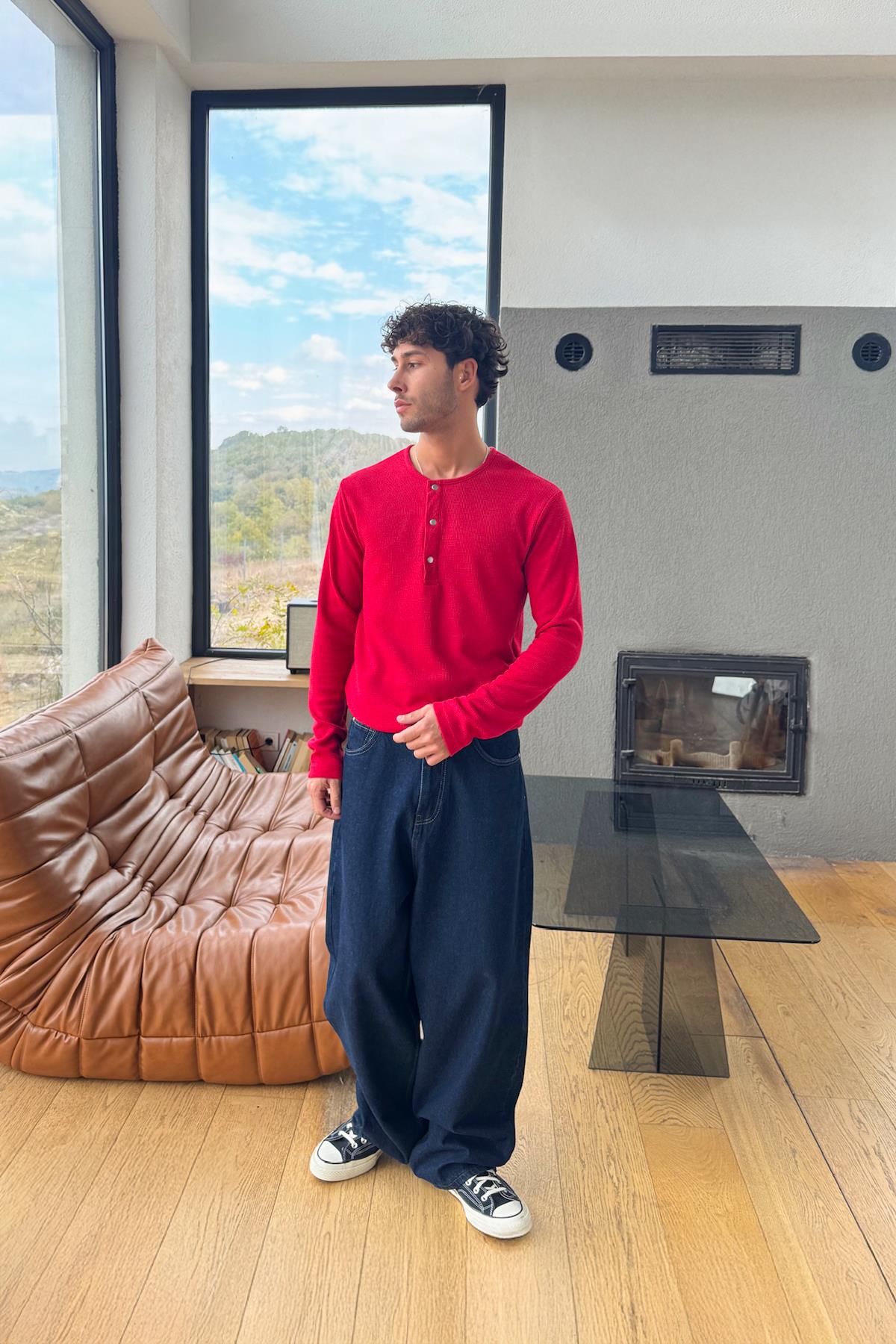 Çıt Çıtlı Oversize Uzun Kol Tişört Kırmızı