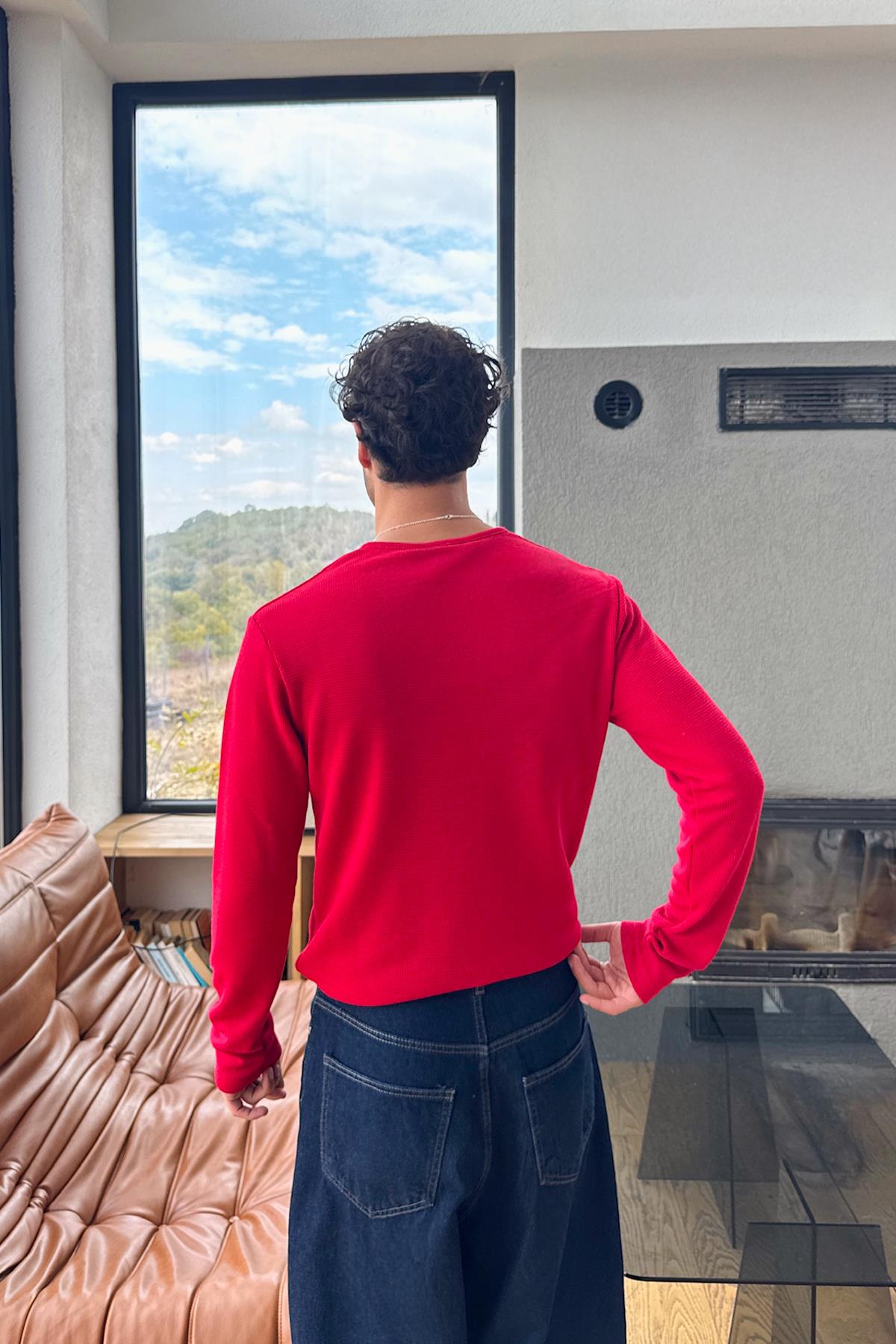 Çıt Çıtlı Oversize Uzun Kol Tişört Kırmızı