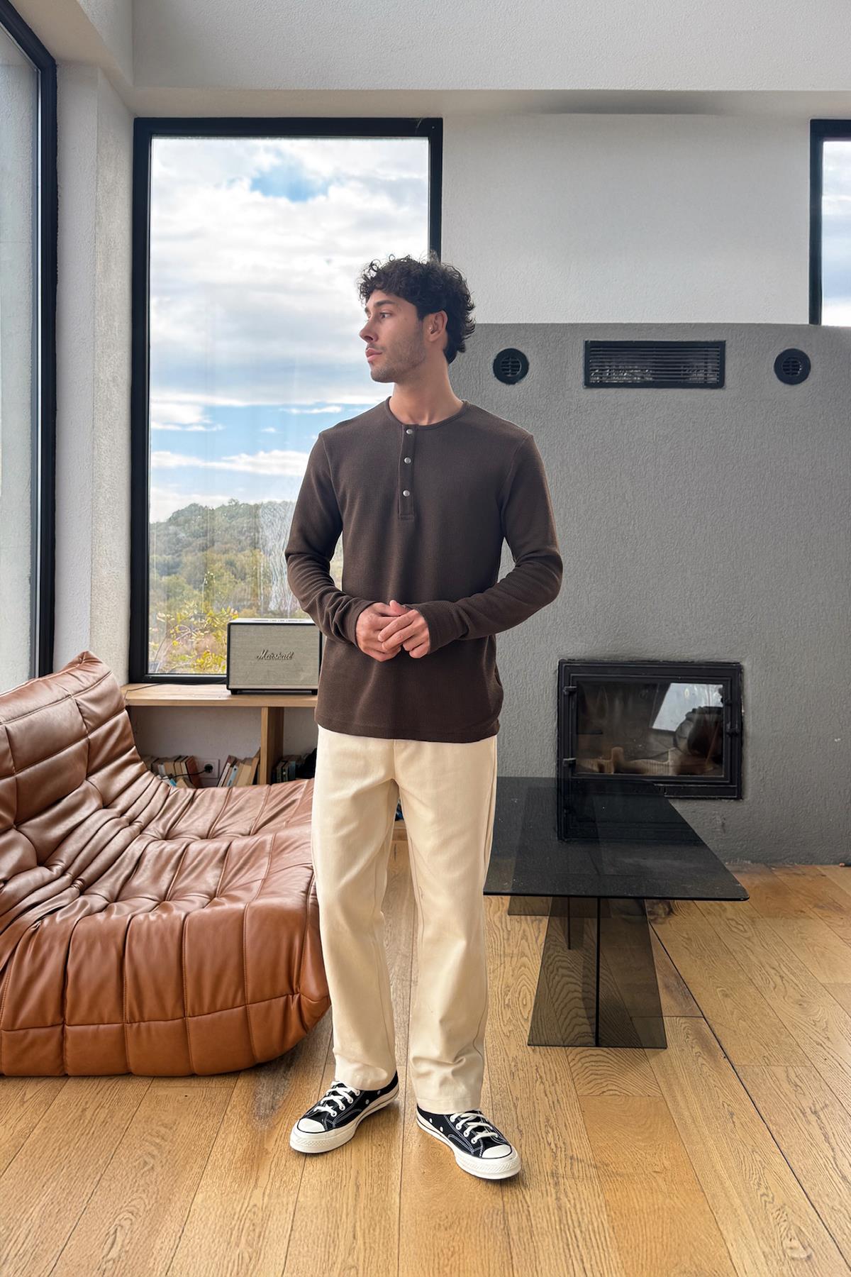 Çıt Çıtlı Oversize Uzun Kol Tişört Kahverengi