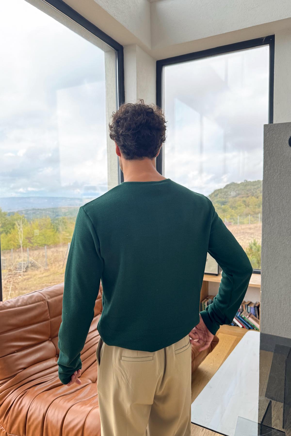 Çıt Çıtlı Oversize Uzun Kol Tişört Yeşil